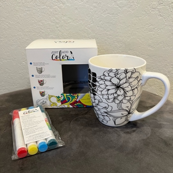 Just Add Color Ceramic Mug Kit Color Your Own Cup w/Markers Floral Pattern - Picture 2 of 5